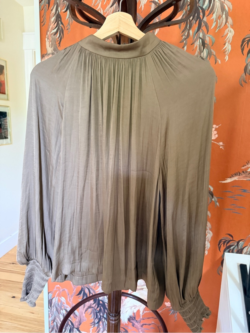 GAP Olive-Taupe Pleated Long-Sleeve Blouse